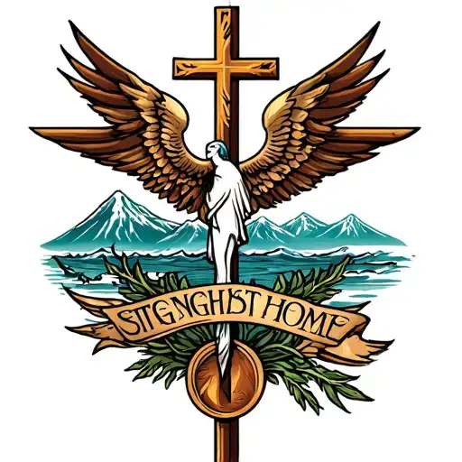 strength, honor, family Catholic faith home Rocky Mountains Atlantic Ocean tattoo design idea