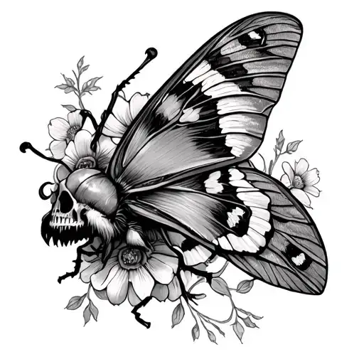death moth traditional style with flowers tattoo design idea