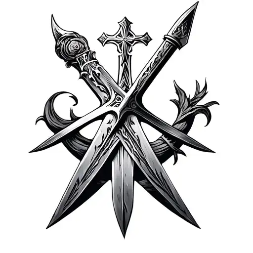 A black and gray medieval gothic tattoo design of a long, elegant sword with a cross integrated into the handle. tattoo design idea