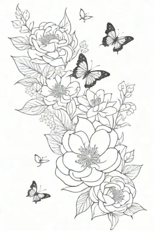 full sleeve with chrysanthemum flowers, roses, water lily and holly flowers with butterfly's flying around them tattoo design idea