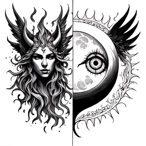 love vs fear god vs devil angel vs demon fire vs water libra scale all seeing eye sun vs moon tattoo design idea