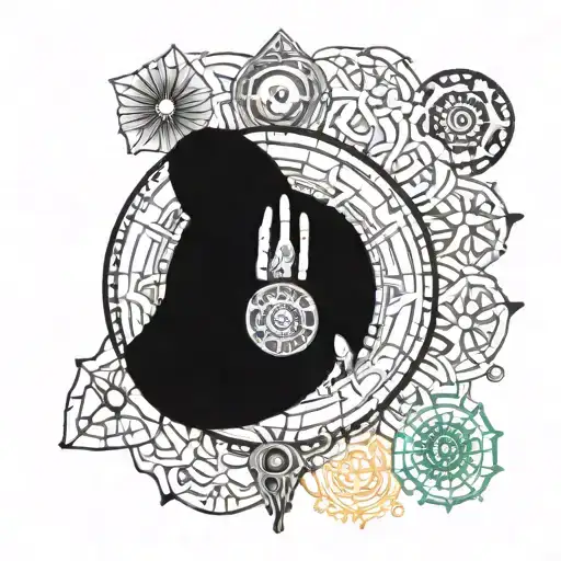 A tattoo design featuring all seven chakras of the body on the back of the hand, with each chakra clearly visible and incorporating the inevitability of death tattoo design idea
