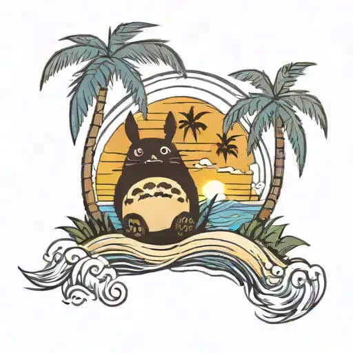 totoro beach sunset palm trees and waves tattoo design idea