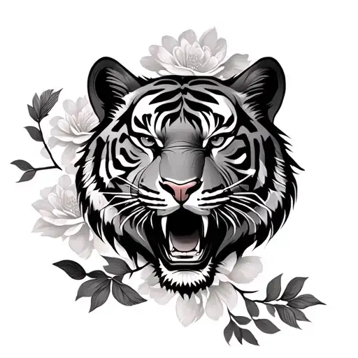 japanise style tiger with fish with flower print logo designjapanise style tiger with fish with flower print log tattoo design idea