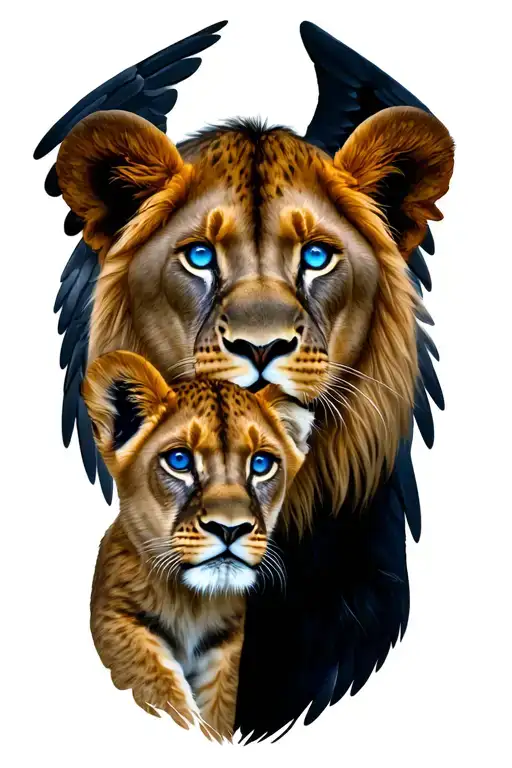 lioness & cub blues eyes with wings tattoo design idea