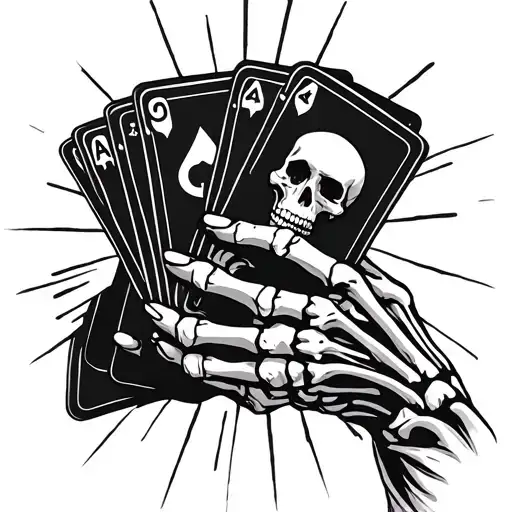 tattoo where there is a skeleton hand holding cards that represent karma and death with sunshine rays in the back tattoo design idea