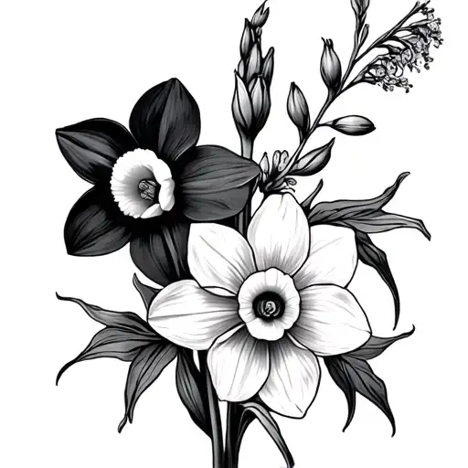 daffodil and larkspur flowers intertwined tattoo design idea