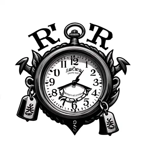 "RPR" navy anchor with a pocket watch in the center, a small bell hanging fom the bottom of the anchor, MILITARY dog tags hang tattoo design idea