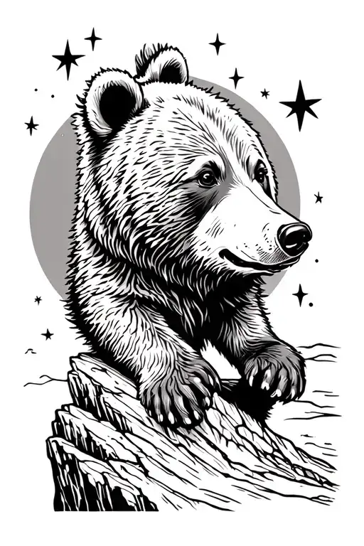 A black and white fine line tattoo of a small fluffy grizzly bear cub on a cliff ledge, looking up stars. tattoo design idea