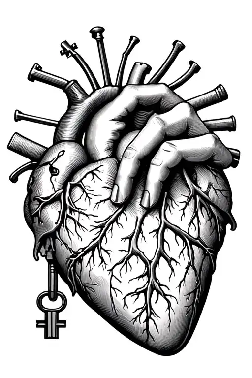 anatomical heart with hand and key unlocking tattoo design idea