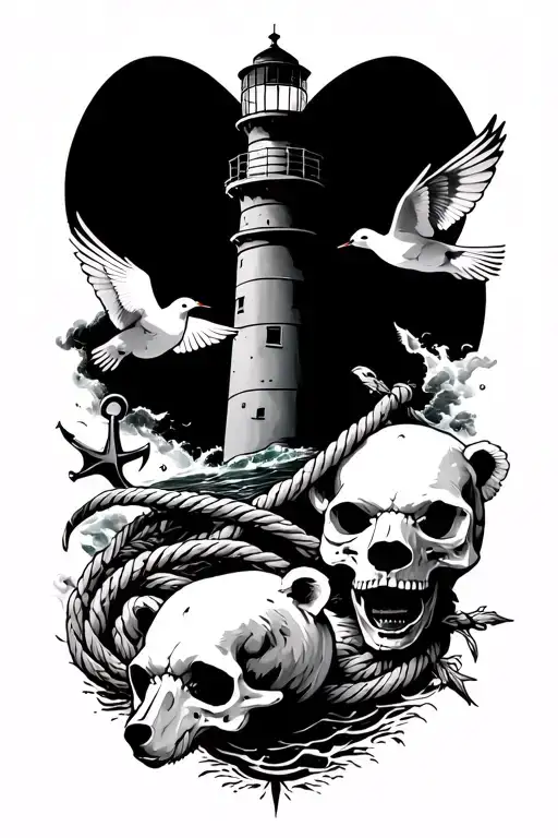 nautical tattoo with lighthouse stormy sea compass anchor rope 2 swallows and a polar bear skull tattoo design idea