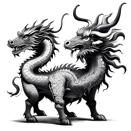 Chinese Dragon And Ox standing backwards looking tattoo design idea