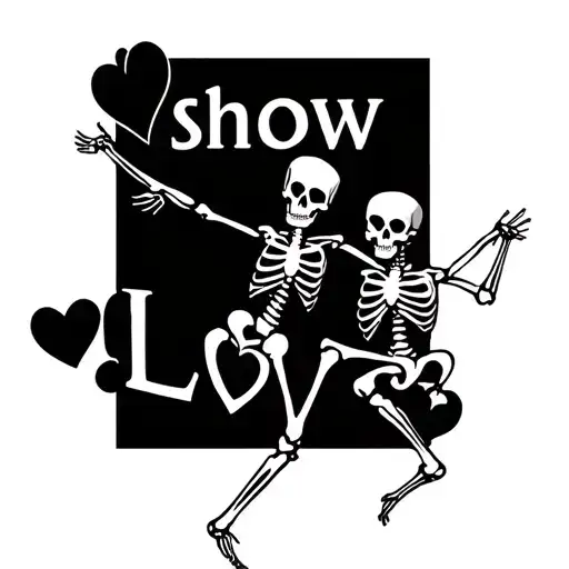 text "show love" with dancing skeleton under it tattoo design idea