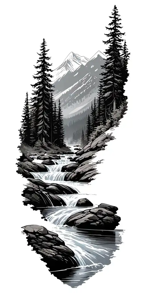mountain stream with Forrest  tattoo design idea