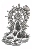 dharma wheel cascading into a waterfall that becomes a rice paddy field tattoo design idea