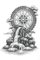 dharma wheel cascading into a waterfall that becomes a rice paddy field tattoo design idea