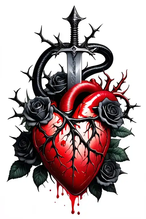 dagger piercing through a realistic bleeding human heart ensnared by black roses with thorns. Add a black mamba wrapped tattoo design idea