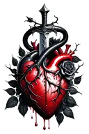 dagger piercing through a realistic bleeding human heart ensnared by black roses with thorns. Add a black mamba wrapped tattoo design idea
