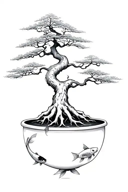 Maple Bonsai tree, no pot, with koi fish amongst exposed fine roots, minimal foliage tattoo design idea
