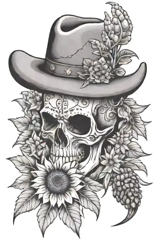 mountain cactus sunflower cowgirl cowskull moth resting tattoo design idea