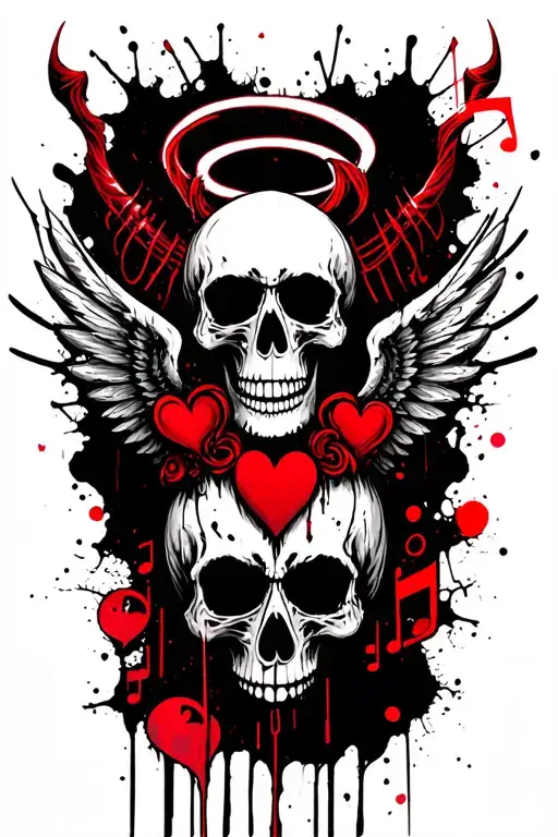 music note,hearts,bard wire, skull, devil horns, halo, demon wings tattoo design idea