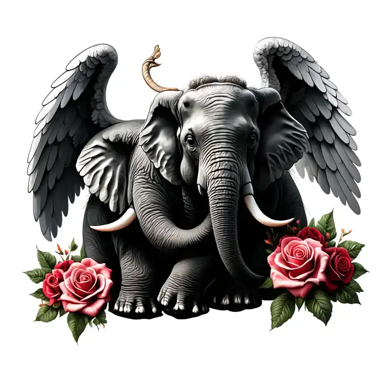 Elephant With Angel wings and Roses intertwined tattoo design idea