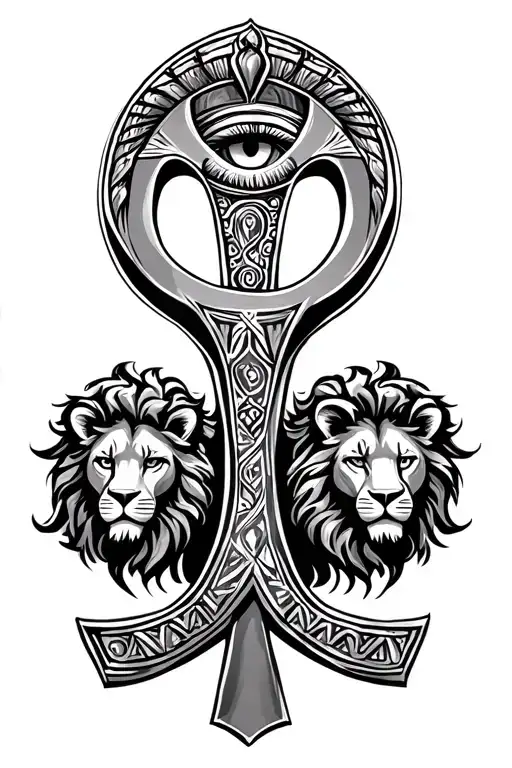 ankh symbol with eye with lion tattoo design idea