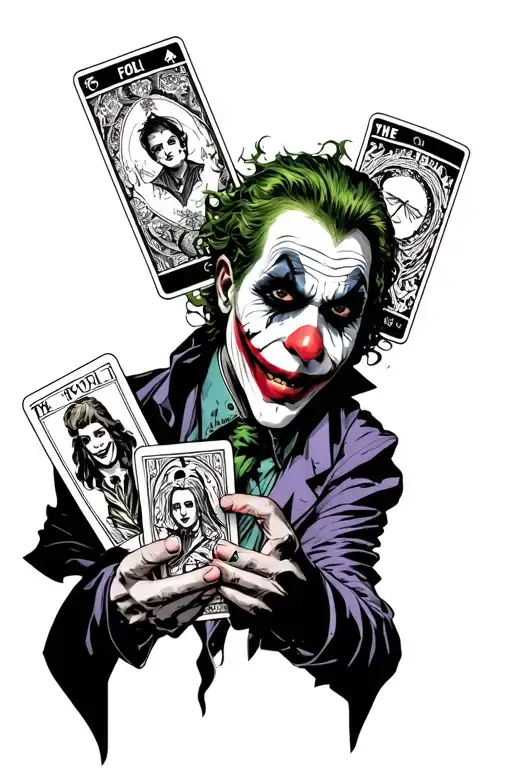 the joker holding 4 tarot cards including "The fool" tattoo design idea