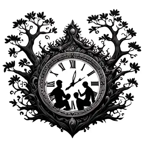 Clock, tree, family 3 men sitting tattoo design idea