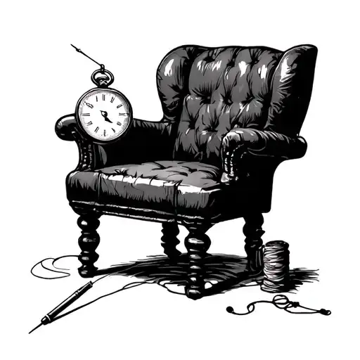 old chair, pocket watch and a needle with thread going around it tattoo design idea