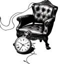 old chair, pocket watch and a needle with thread going around it tattoo design idea