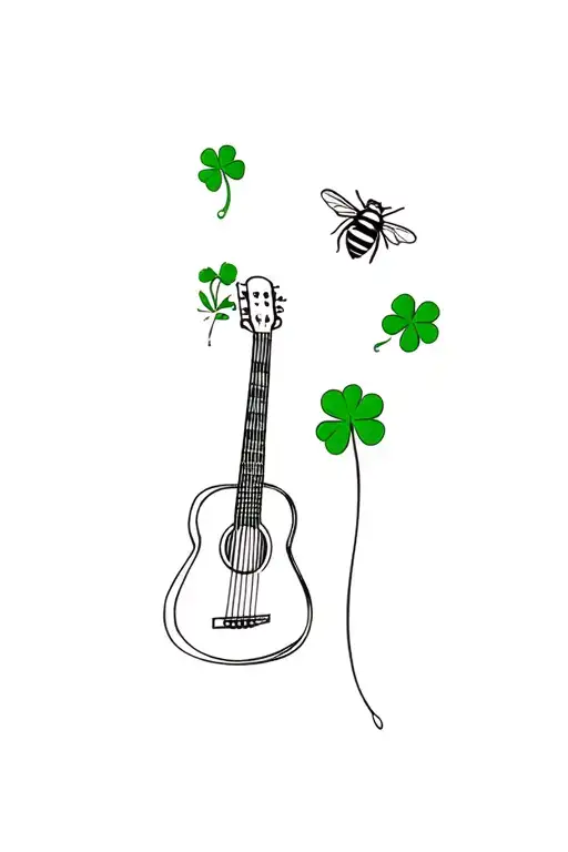 honey bee, guitar and 4 leaf clover  tattoo design idea