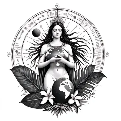 goddess holding globe surrounded by tropical plants (monstera, frangipani, palms) and astrological features  tattoo design idea