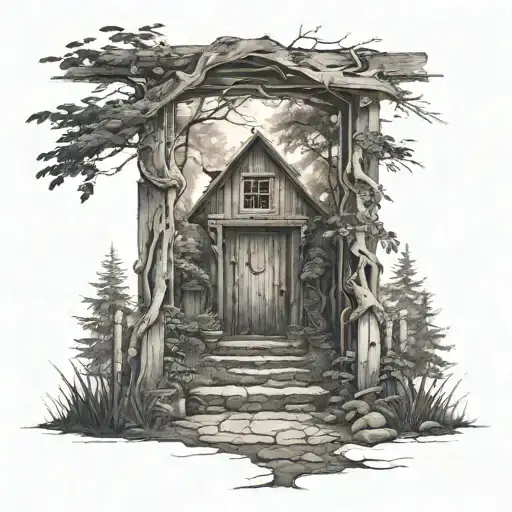 welcoming open door of a house surrounded by forest tattoo design idea