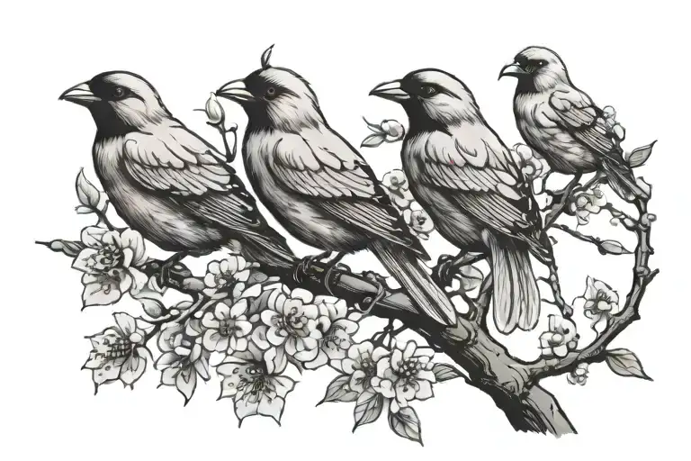 A tattoo symbolizing love and family, with cherry trees representing growth and three birds representing father, husband, and lover roles tattoo design idea