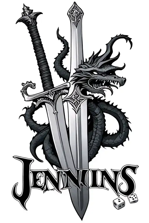 "Jenkins" Sword with and dice and dragon. tattoo design idea