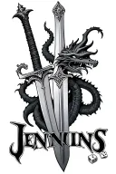 "Jenkins" Sword with and dice and dragon. tattoo design idea