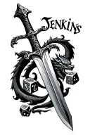 "Jenkins" Sword with and dice and dragon. tattoo design idea
