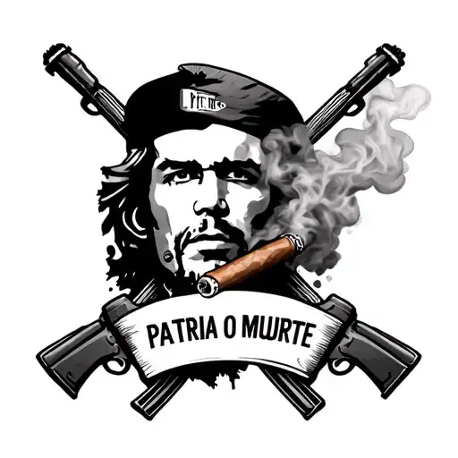 Che Guevara’s face, the smoke from a cigar AK-47 crossed banner with the phrase “patria o muerte” tattoo design idea