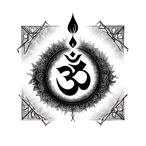 Lord Shiva’s Trishul emerging from light (not aggressive, peaceful)A faint Om (ॐ) dissolving into sacred geometryA c tattoo design idea