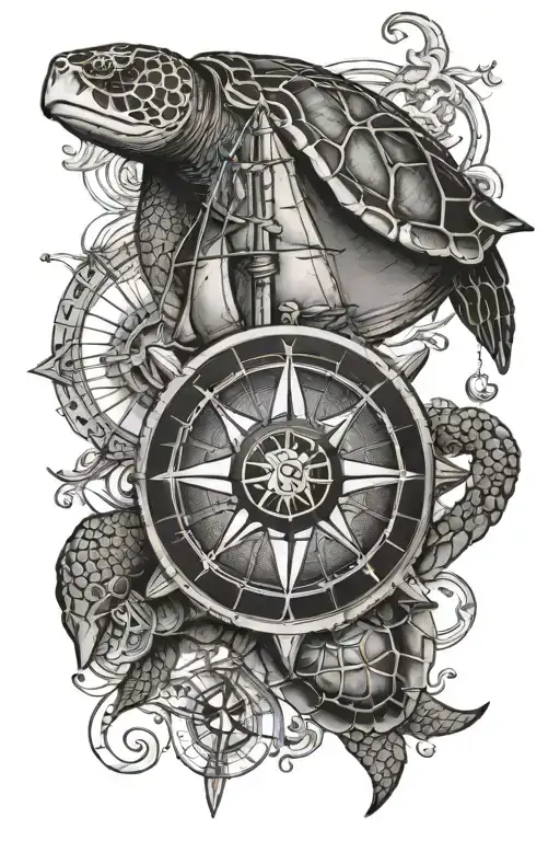 Sea turtle and ship and compass rose tattoo design idea
