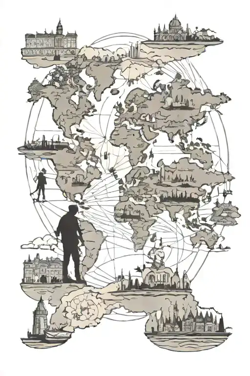 silhouette of a family holding hands travelling around the world map with landmarks from Venice, Milan, krakow behind  tattoo design idea