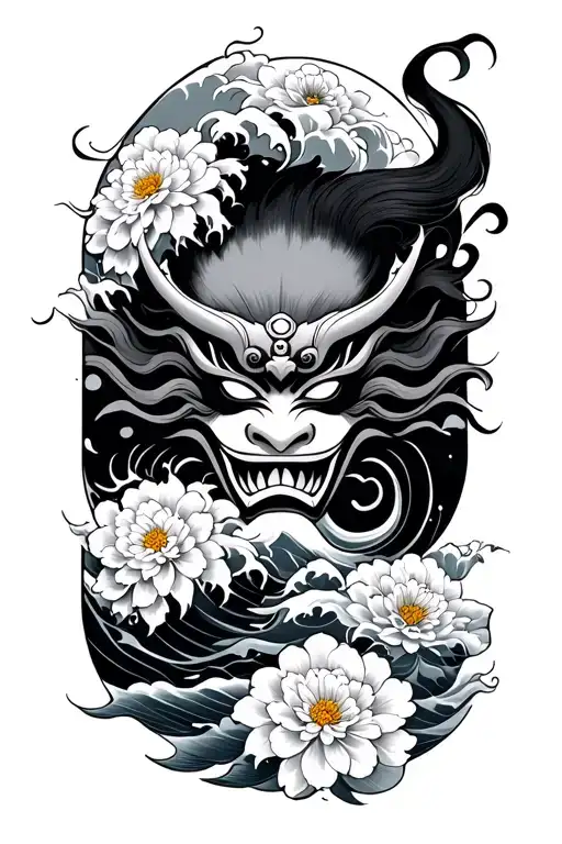 japanese arm sleeve wind and waves with oni mask and chrysanthemum tattoo design idea
