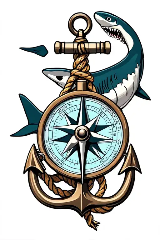 nautical compass boat anchor with rope wrapped and a shark behind  tattoo design idea