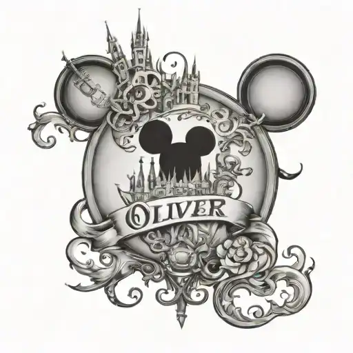 a Disney world theme tattoo with my sons name Oliver tattoo design idea