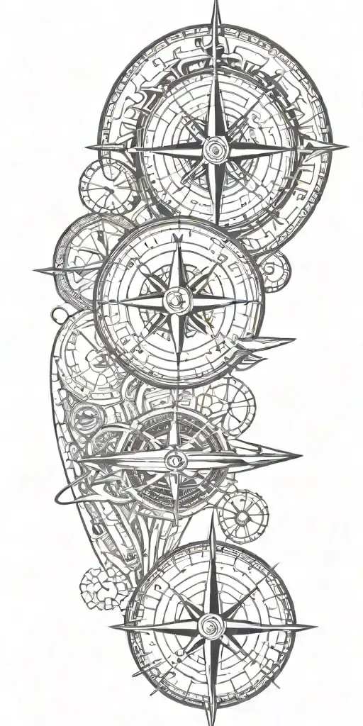 compass with a trident below, a submarine, an anchor with coordinates tattoo design idea
