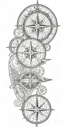 compass with a trident below, a submarine, an anchor with coordinates tattoo design idea