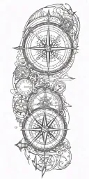 compass with a trident below, a submarine, an anchor with coordinates tattoo design idea