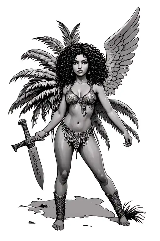 female tan Latina guardian angel with curly hair and machete under a palm tree tattoo design idea