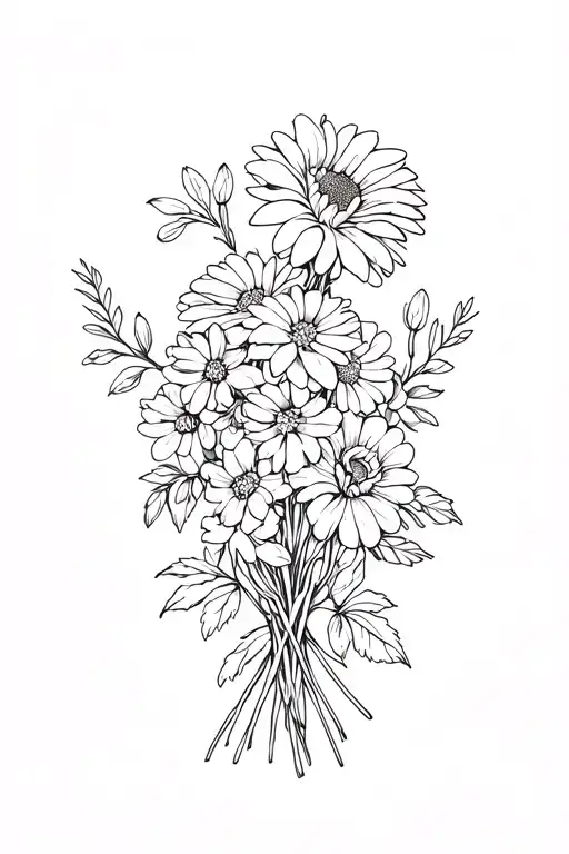 Bouquet with chrysanthemums, snowdrops, roses, delphiniums, morning glory and sweet pea tattoo design idea